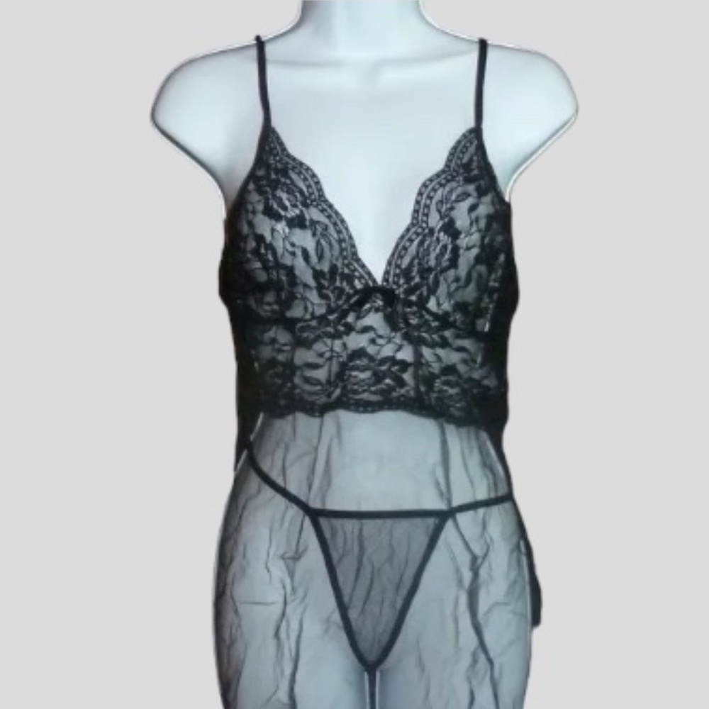 Super Sheer, Lace, Sexy Short Black Chemise Babydoll Lingerie Set, Mesh, L, New